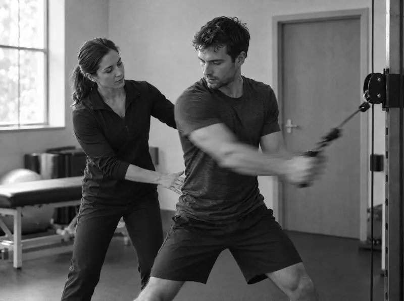 A physiotherapist coaching an athlete through a cable exercise
